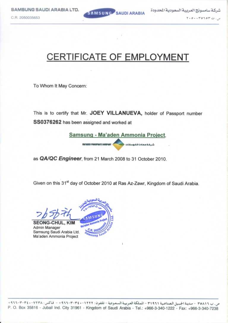 sample certificate of employment for family driver
